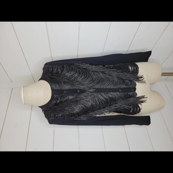 J Crew Collection small black merino wool fringe cardigan sweater. BEAUTIFUL! - Picture 1 of 4